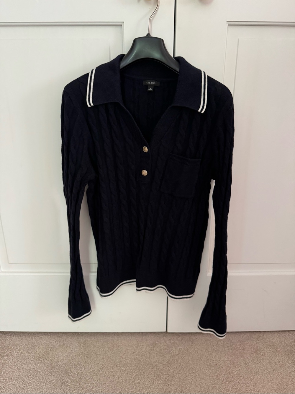 Talbots Navy Cable-Knit Polo Sweater with Contrast Trim, size small
